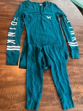 VS PINK Long Jane Pajama Small Teal Thermal Dog Logo Union Made Sleep Back Flap